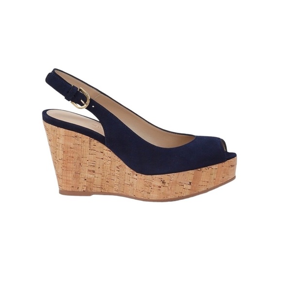 NEW STUART WEITZMAN Jean Suede Slingback Wedge Sandals Navy Blue Size 11.5 - Picture 2 of 10